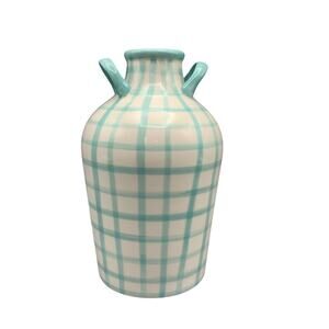 Anthropologie Blue White Gingham Vase Double Ear 7 1/2" Ceramic Handpainted Jar